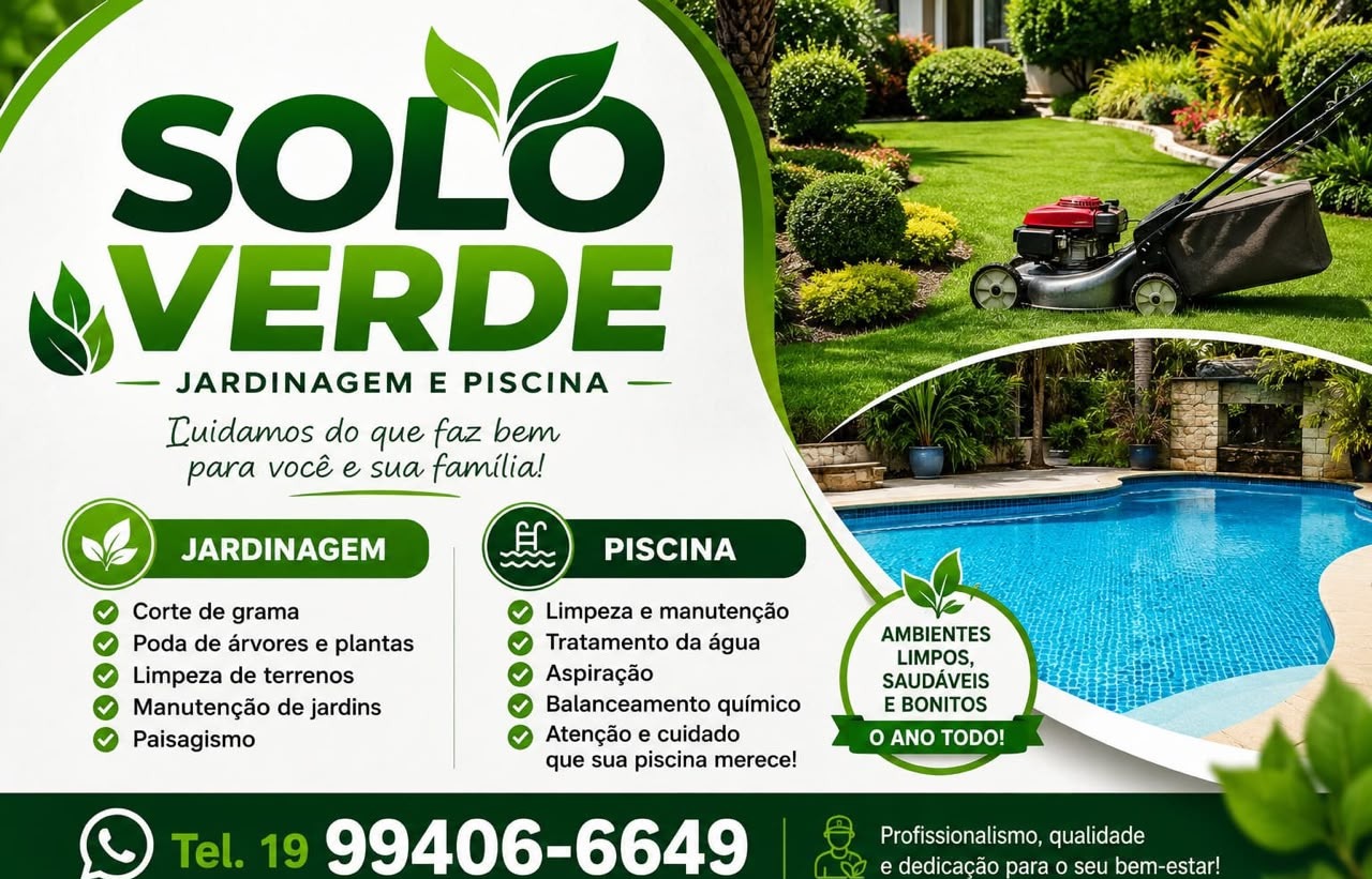 flyer de empresa de jardinagem e piscina, verde e branco, com fotos de gramado aparado e piscina azul