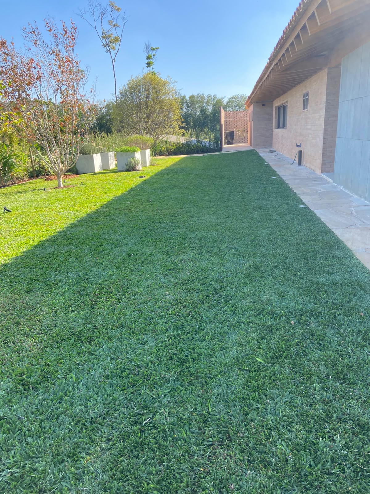 gramado verde e uniforme ao lado de uma casa de tijolos com caminho de pedras e jardins